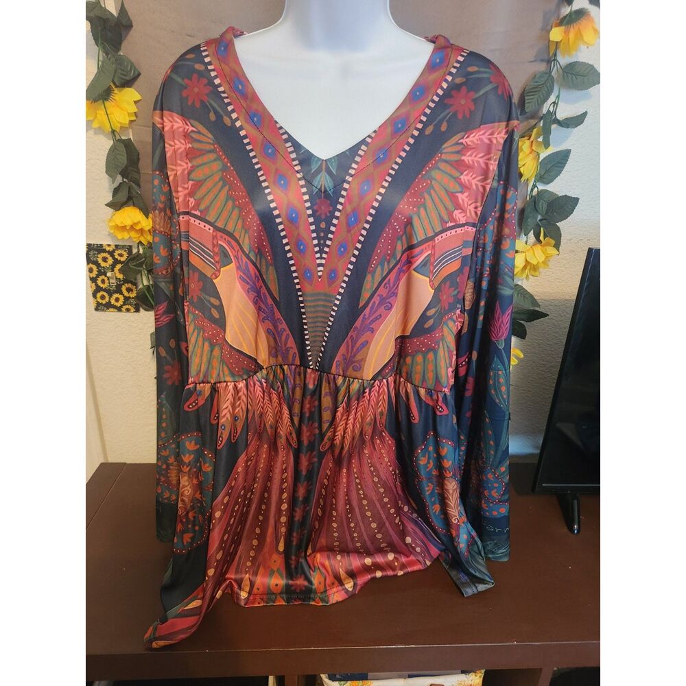 Womens Boho Aztec Tribal Print Tunic Top 3XL V-Neck Long Sleeve Babydoll Blouse